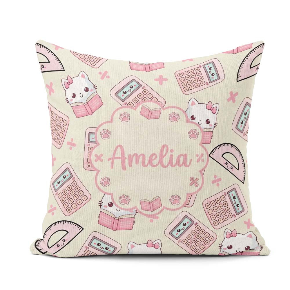 Custom Name Cute Kawaii Maths Cat Calculator Ruler Pattern Cream Square Filled Cushion Throw Pillow Sofa Bed Home Decor Zip Washable UK Made