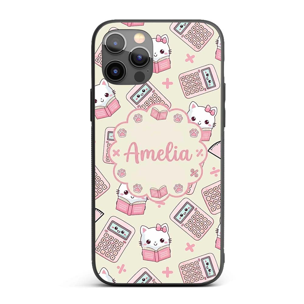 Cute Kawaii Maths Cat Calculator Ruler Seamless Custom Name Protective Phone Case Mobile Cover Durable Everyday Smartphone Shock Resistant