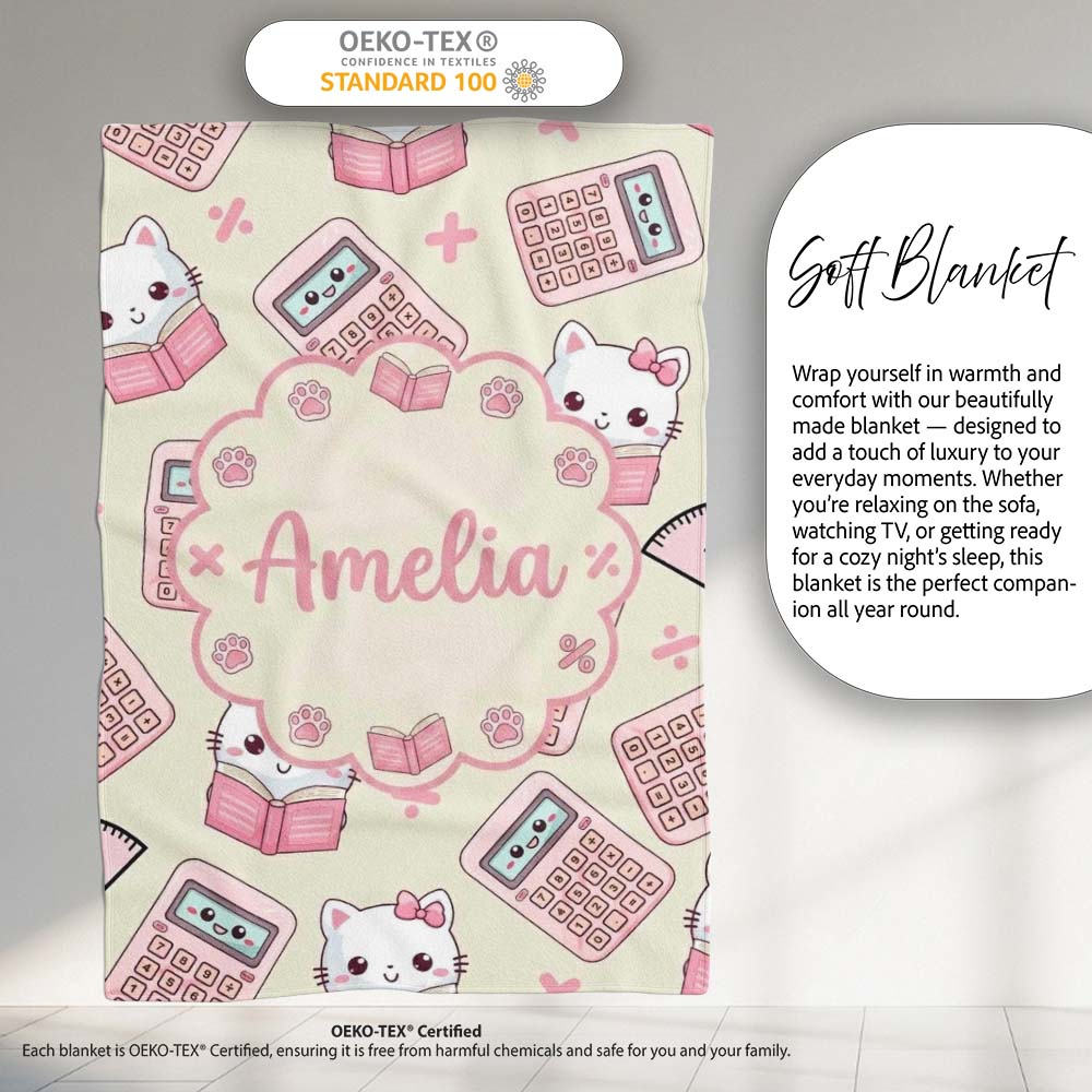 Cute Kawaii Maths Cat Calculator Ruler Seamless Pattern Cream Lovely Personalised Custom Name Super Soft Fleece Blanket Bed Sofa Throw