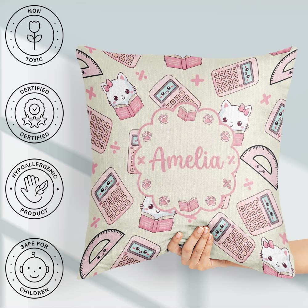 Custom Name Cute Kawaii Maths Cat Calculator Ruler Pattern Cream Square Filled Cushion Throw Pillow Sofa Bed Home Decor Zip Washable UK Made