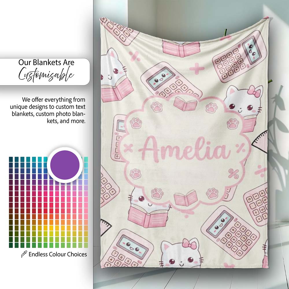 Cute Kawaii Maths Cat Calculator Ruler Seamless Pattern Cream Lovely Personalised Custom Name Super Soft Fleece Blanket Bed Sofa Throw