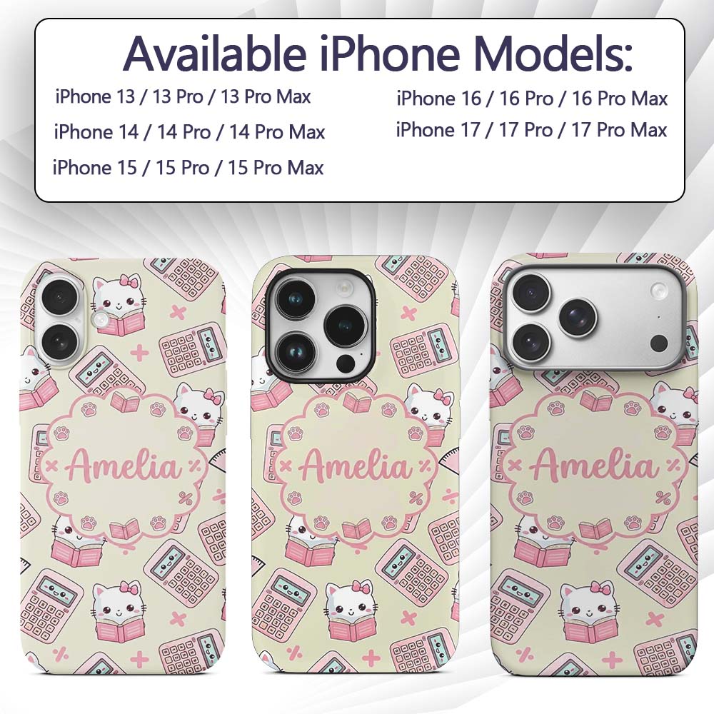 Cute Kawaii Maths Cat Calculator Ruler Seamless Custom Name Protective Phone Case Mobile Cover Durable Everyday Smartphone Shock Resistant