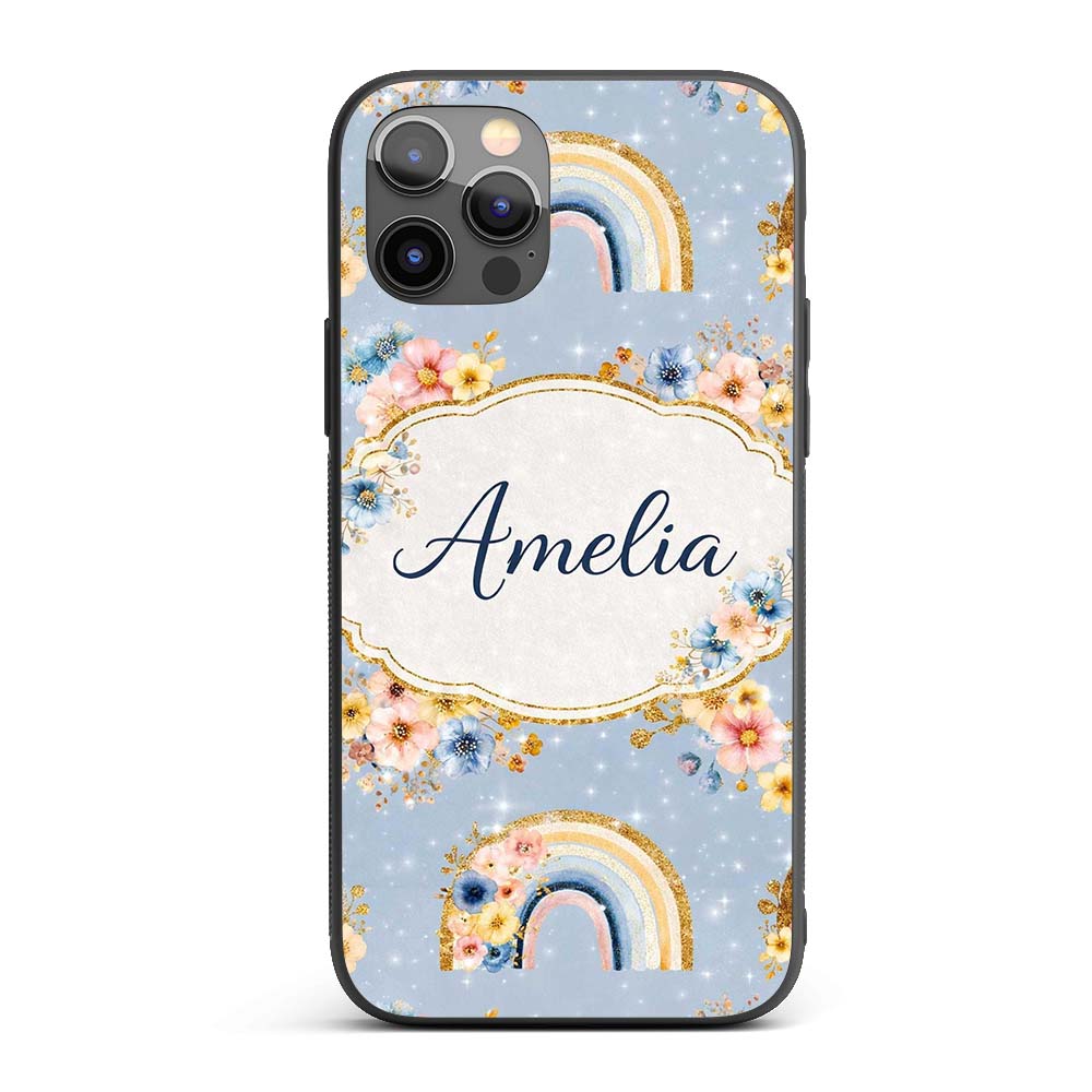 Floral Rainbow Gold Glitter Boho Seamless Pattern Custom Name Protective Phone Case Mobile Cover Durable Everyday Smartphone Shock Resistant