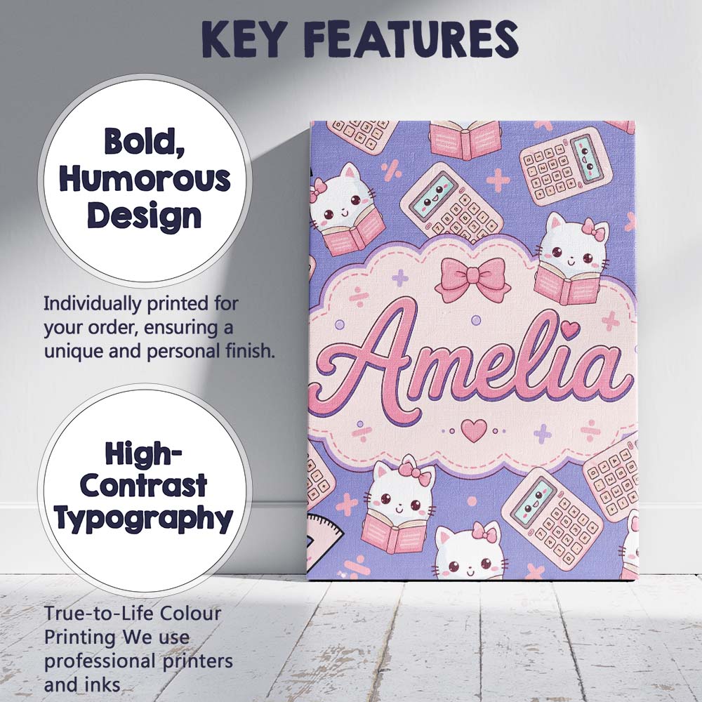 Personalised Name Cute Kawaii Maths Cat Custom Modern Room Accent Elegant Feature Canvas Wall Art Print Decor Picture Ready to Hang