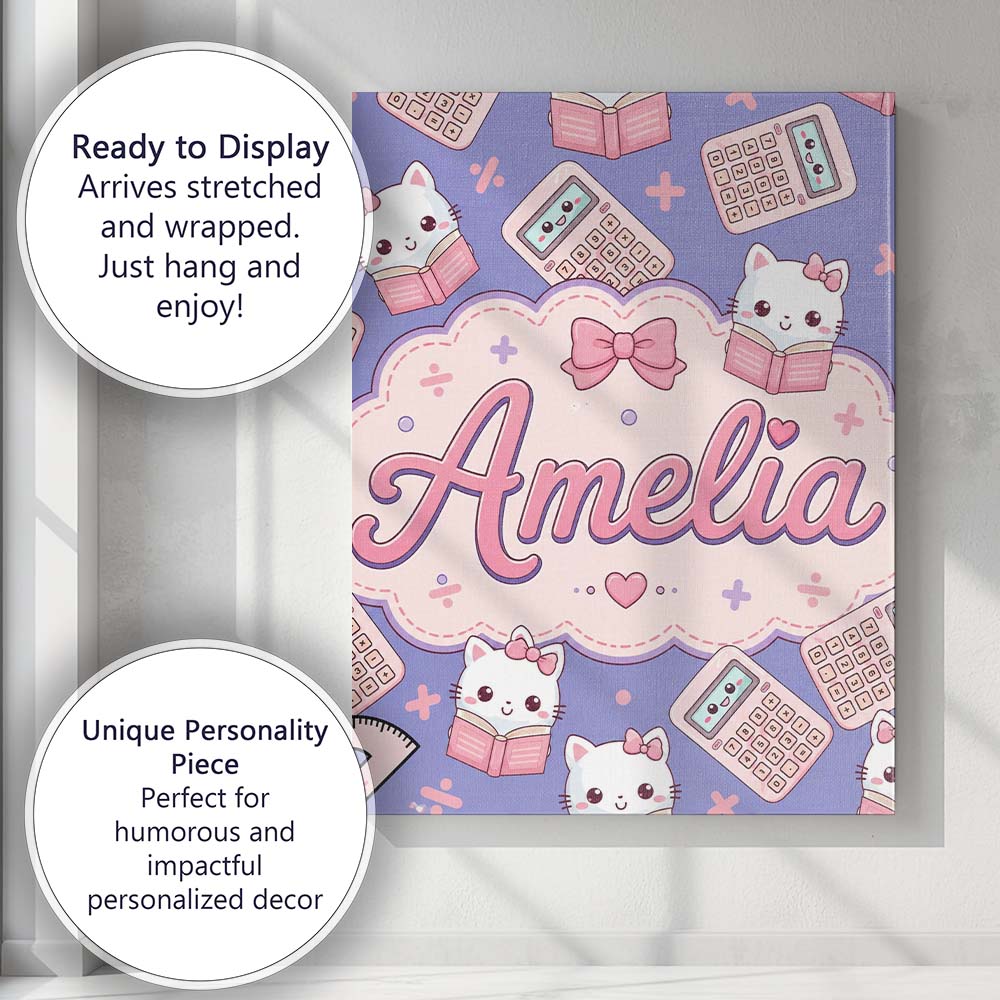 Personalised Name Cute Kawaii Maths Cat Custom Modern Room Accent Elegant Feature Canvas Wall Art Print Decor Picture Ready to Hang