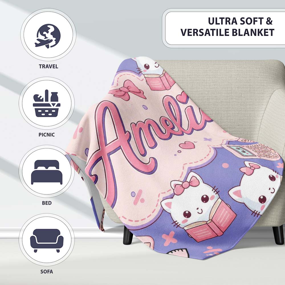 Cute Kawaii Maths Cat Calculator Ruler Seamless Pattern Purple Personalised Custom Name Super Soft Fleece Blanket Bed Sofa Throw