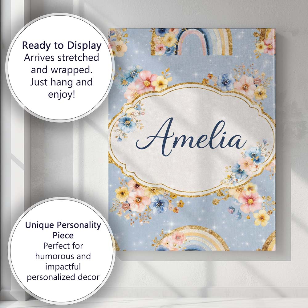 Personalised Name Floral Rainbow Gold Glitter Boho Seamless Pattern Custom Canvas Wall Art Print Decor Picture Ready to Hang