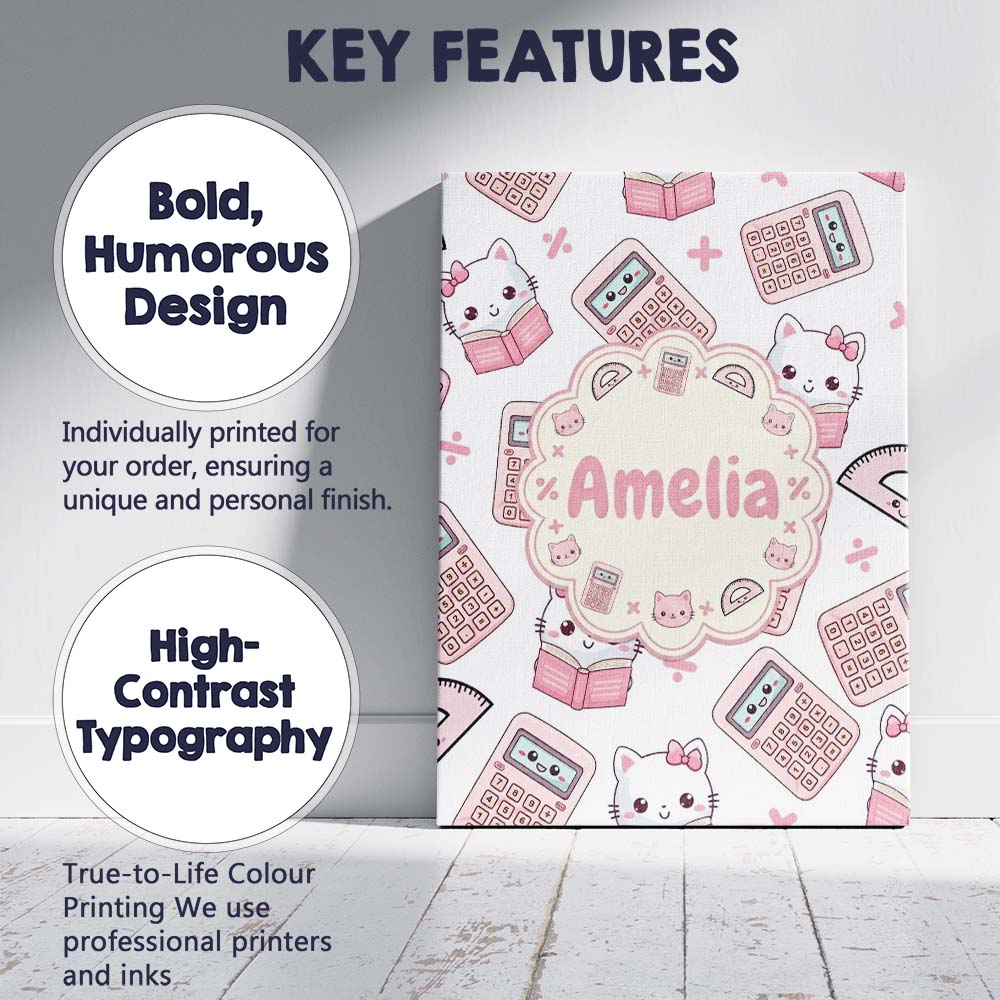 Personalised Name Cute Kawaii Maths Cat Custom Modern Room Accent Elegant Feature Canvas Wall Art Print Decor Picture Ready to Hang