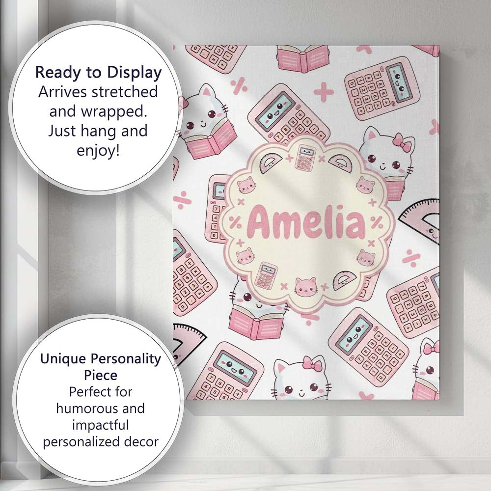 Personalised Name Cute Kawaii Maths Cat Custom Modern Room Accent Elegant Feature Canvas Wall Art Print Decor Picture Ready to Hang