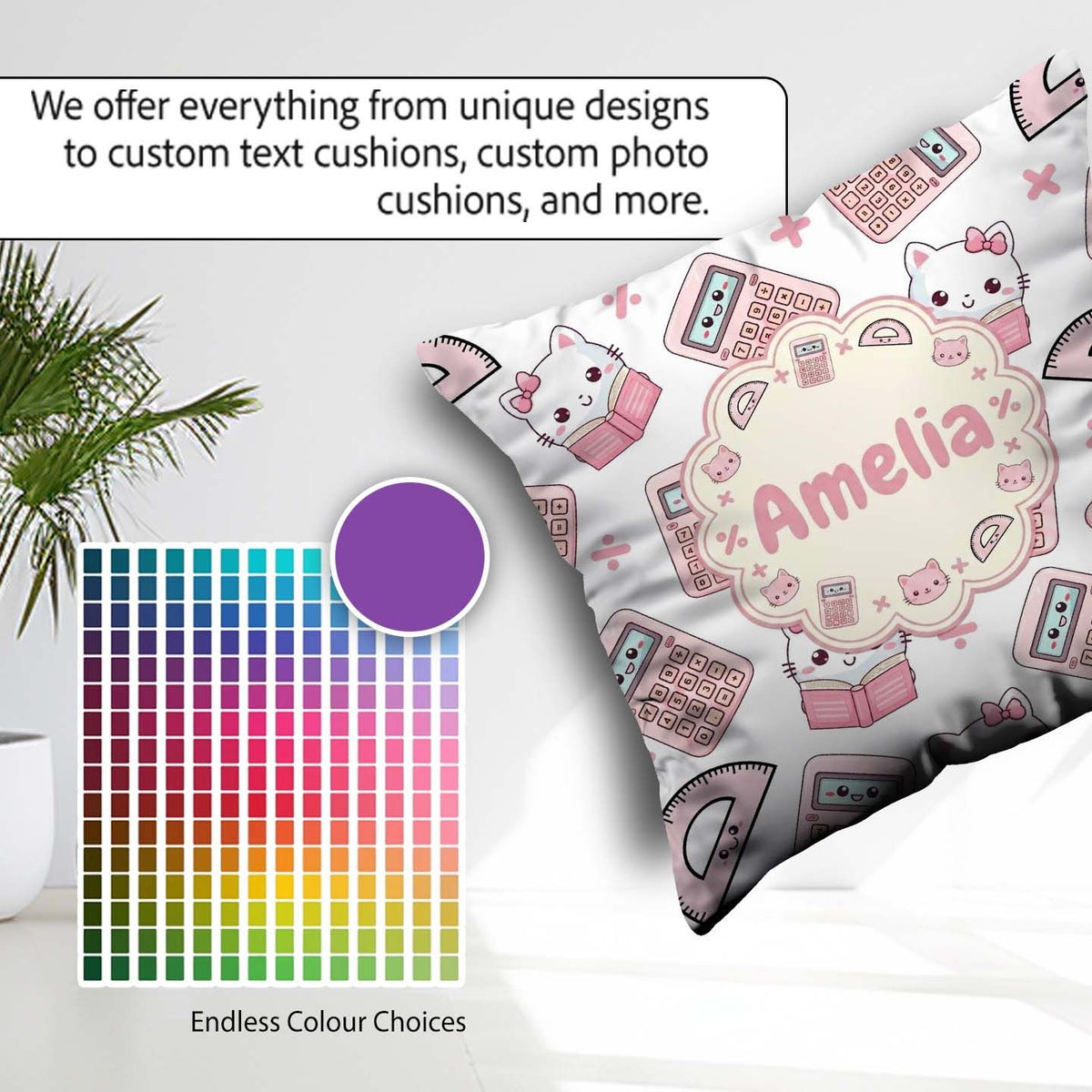 Custom Name Cute Kawaii Maths Cat Calculator Ruler Pattern White Square Filled Cushion Throw Pillow Sofa Bed Home Decor Zip Washable UK Made