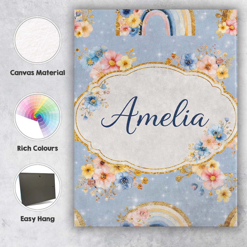 Personalised Name Floral Rainbow Gold Glitter Boho Seamless Pattern Custom Canvas Wall Art Print Decor Picture Ready to Hang