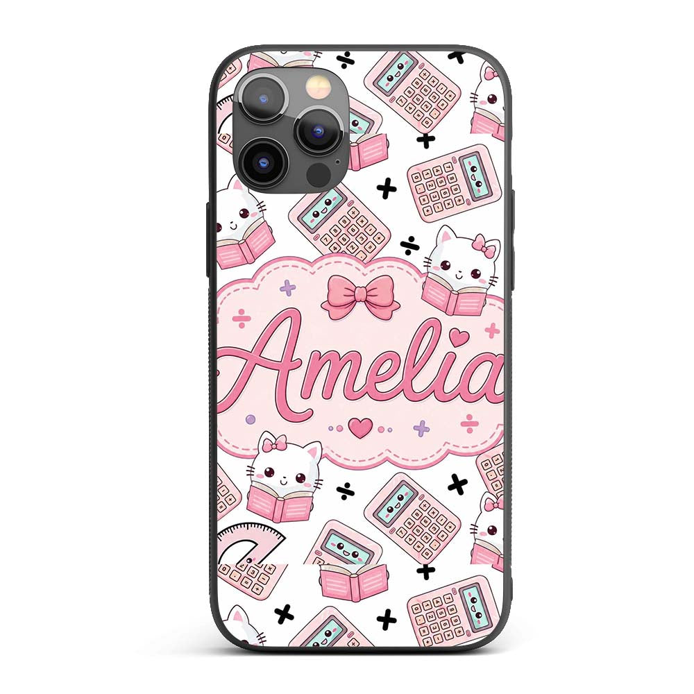 Cute Kawaii Maths Cat Calculator Ruler Seamless Custom Name Protective Phone Case Mobile Cover Durable Everyday Smartphone Shock Resistant