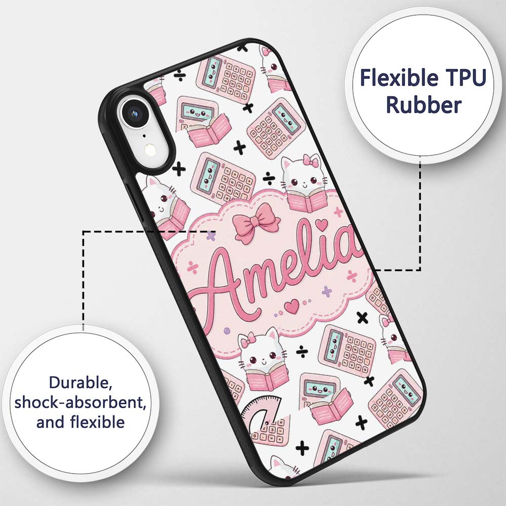 Cute Kawaii Maths Cat Calculator Ruler Seamless Custom Name Protective Phone Case Mobile Cover Durable Everyday Smartphone Shock Resistant