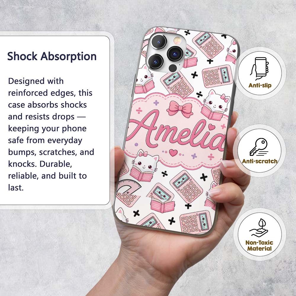 Cute Kawaii Maths Cat Calculator Ruler Seamless Custom Name Protective Phone Case Mobile Cover Durable Everyday Smartphone Shock Resistant