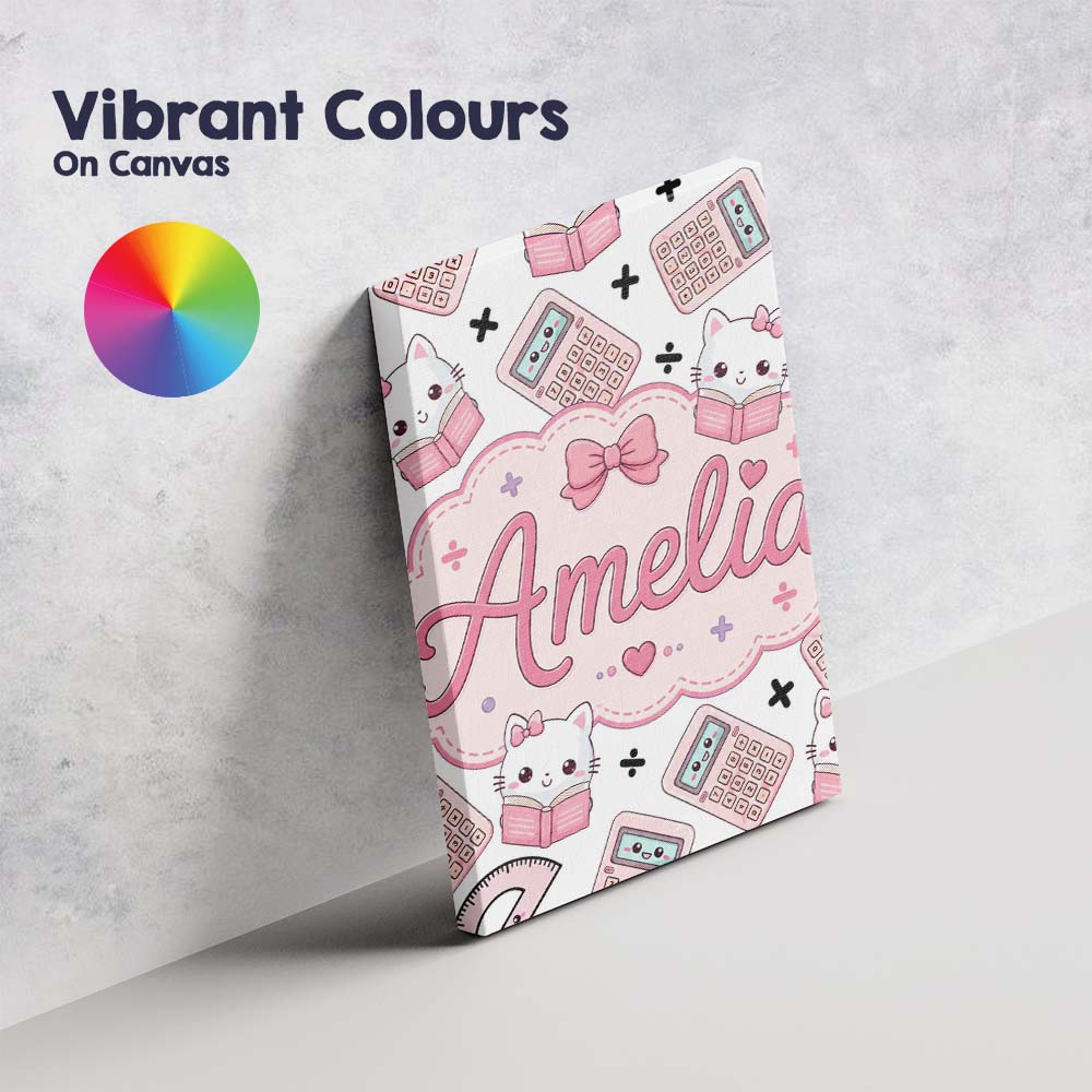Personalised Name Cute Kawaii Maths Cat Custom Modern Room Accent Elegant Feature Canvas Wall Art Print Decor Picture Ready to Hang