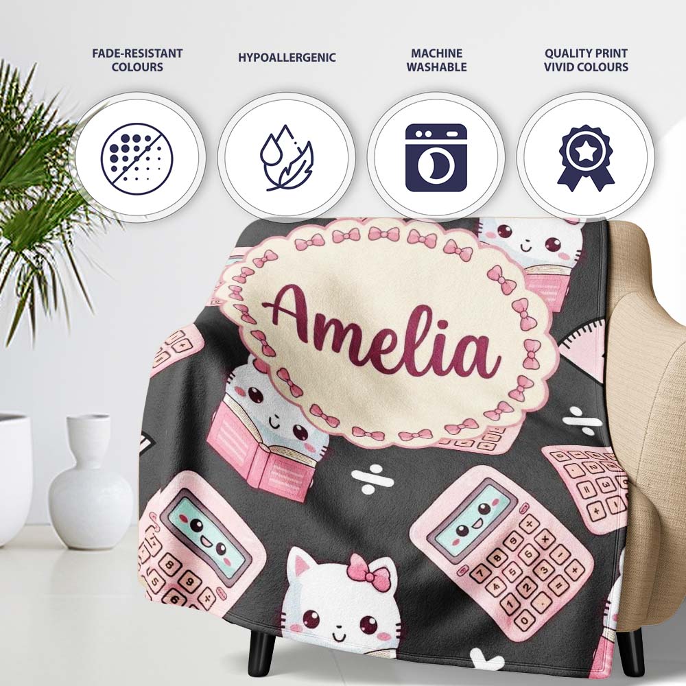 Cute Kawaii Maths Cat Calculator Ruler Seamless Pattern Dark Grey Personalised Custom Name Super Soft Fleece Blanket Bed Sofa Throw