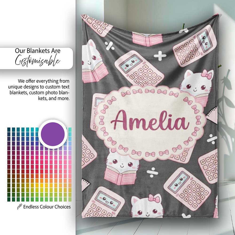 Cute Kawaii Maths Cat Calculator Ruler Seamless Pattern Dark Grey Personalised Custom Name Super Soft Fleece Blanket Bed Sofa Throw