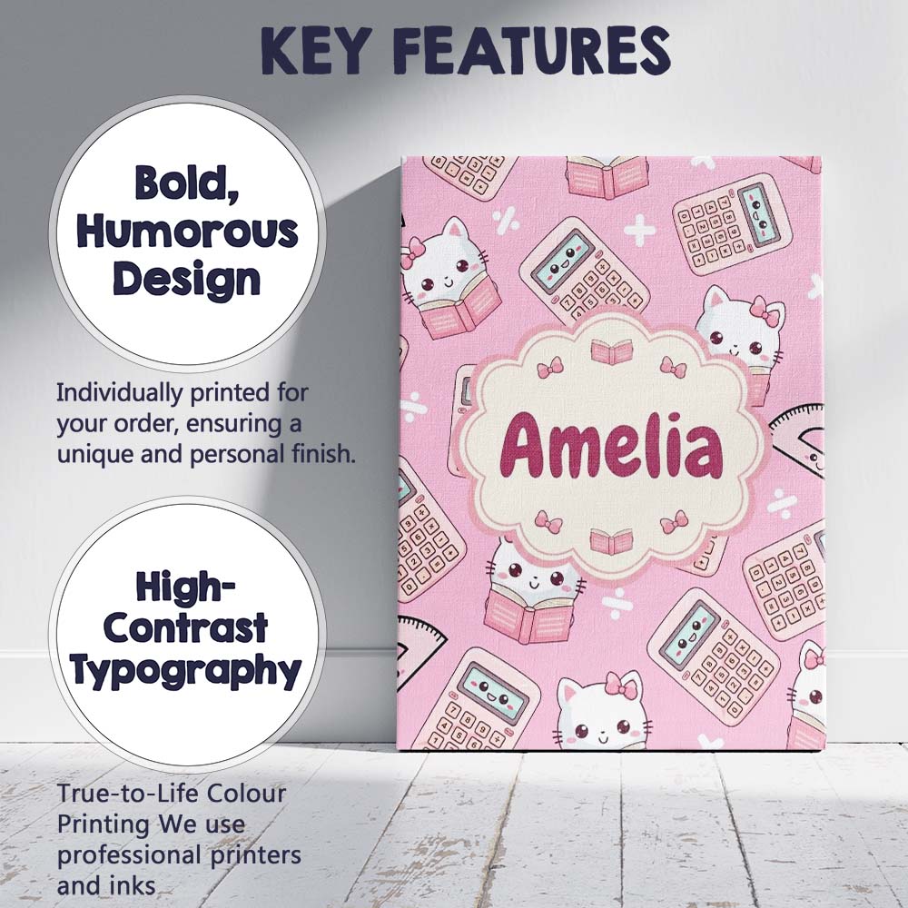 Personalised Name Cute Kawaii Maths Cat Custom Modern Room Accent Elegant Feature Canvas Wall Art Print Decor Picture Ready to Hang