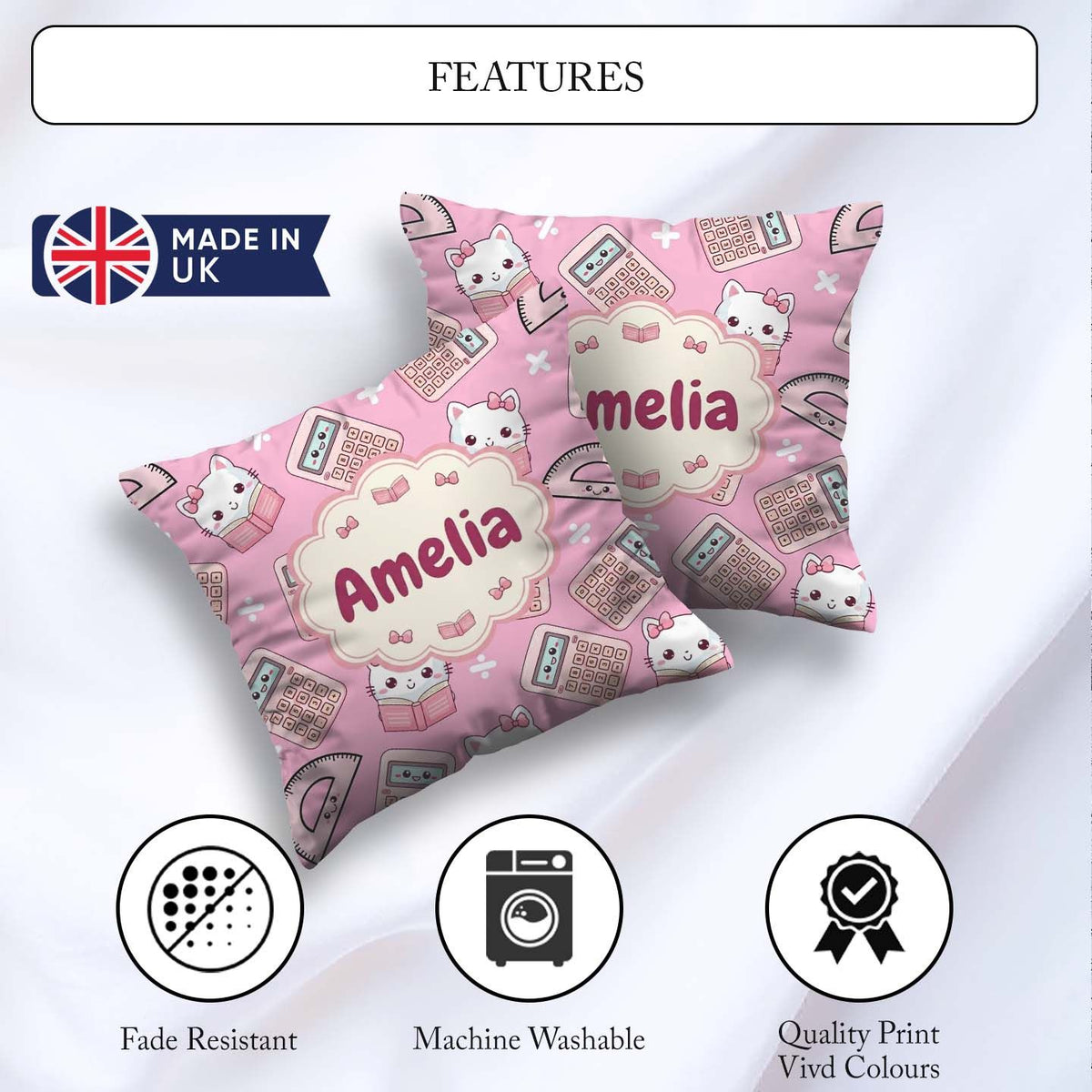 Custom Name Cute Kawaii Maths Cat Calculator Ruler Seamless Pink Square Filled Cushion Throw Pillow Sofa Bed Home Decor Zip Washable UK Made