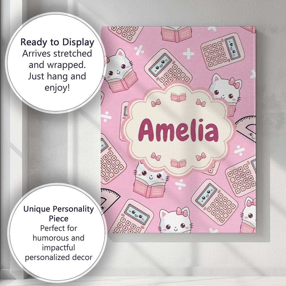 Personalised Name Cute Kawaii Maths Cat Custom Modern Room Accent Elegant Feature Canvas Wall Art Print Decor Picture Ready to Hang