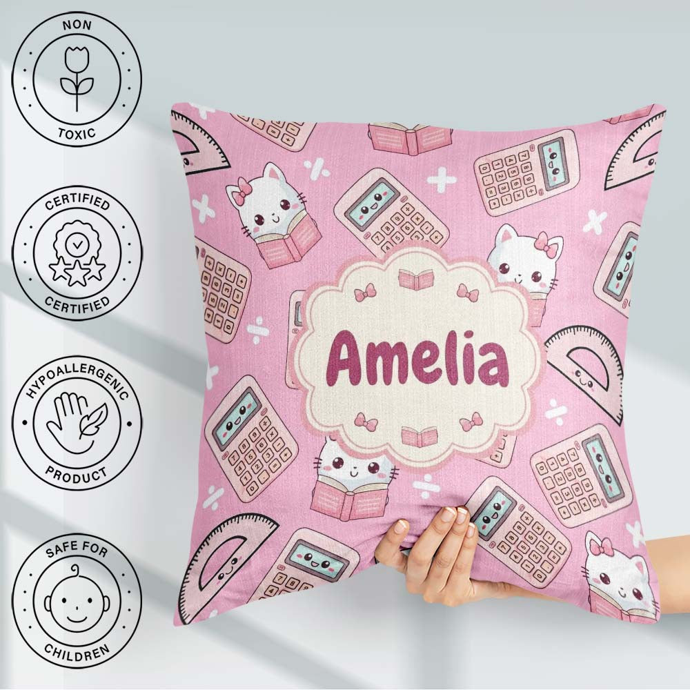 Custom Name Cute Kawaii Maths Cat Calculator Ruler Seamless Pink Square Filled Cushion Throw Pillow Sofa Bed Home Decor Zip Washable UK Made