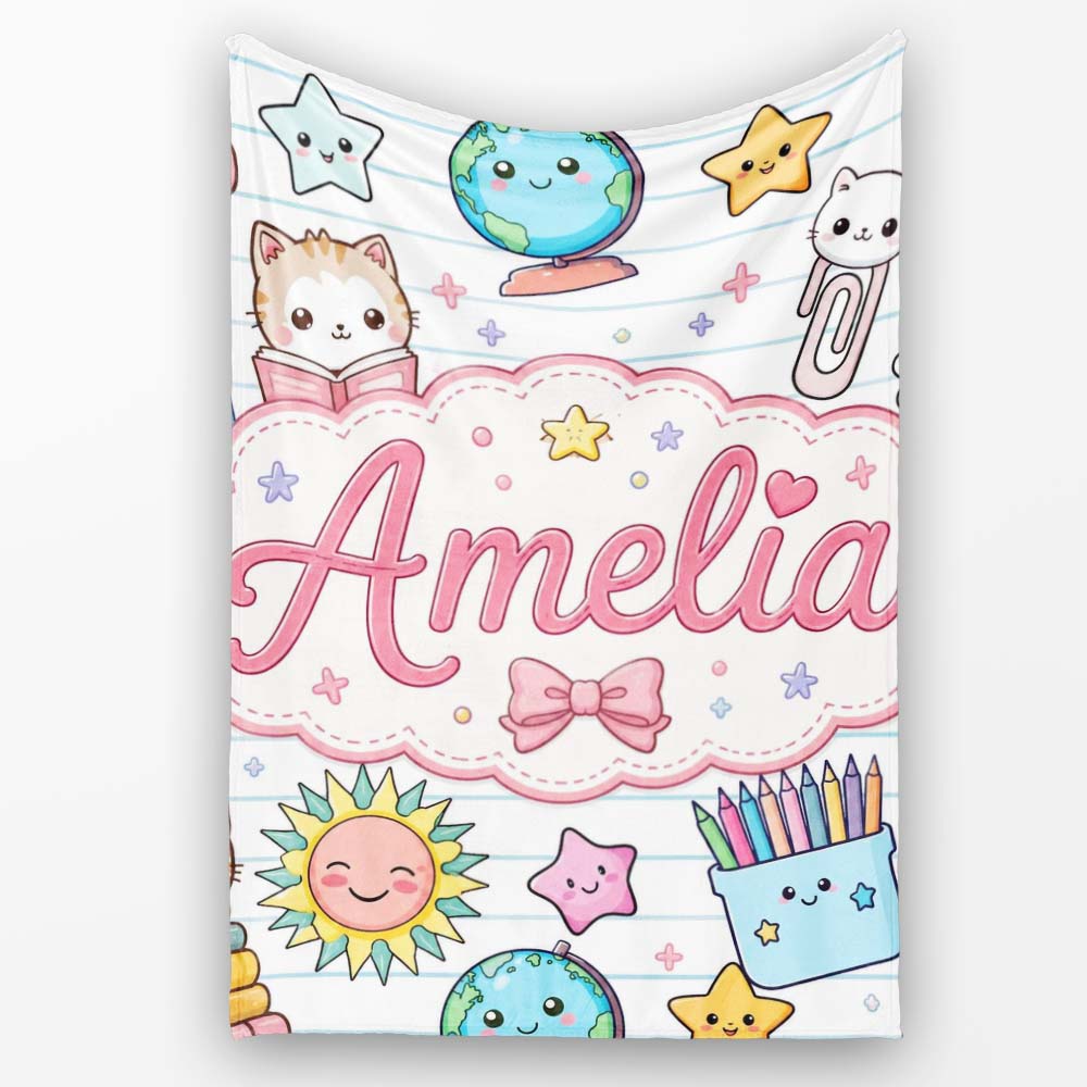 Cute Kawaii School Cat Books Stationery Seamless Pattern Blue Lines Personalised Custom Name Super Soft Fleece Blanket Bed Sofa Throw