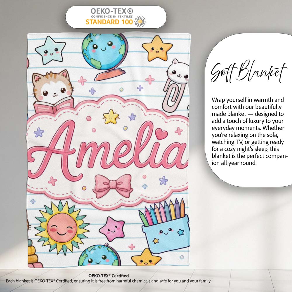 Cute Kawaii School Cat Books Stationery Seamless Pattern Blue Lines Personalised Custom Name Super Soft Fleece Blanket Bed Sofa Throw