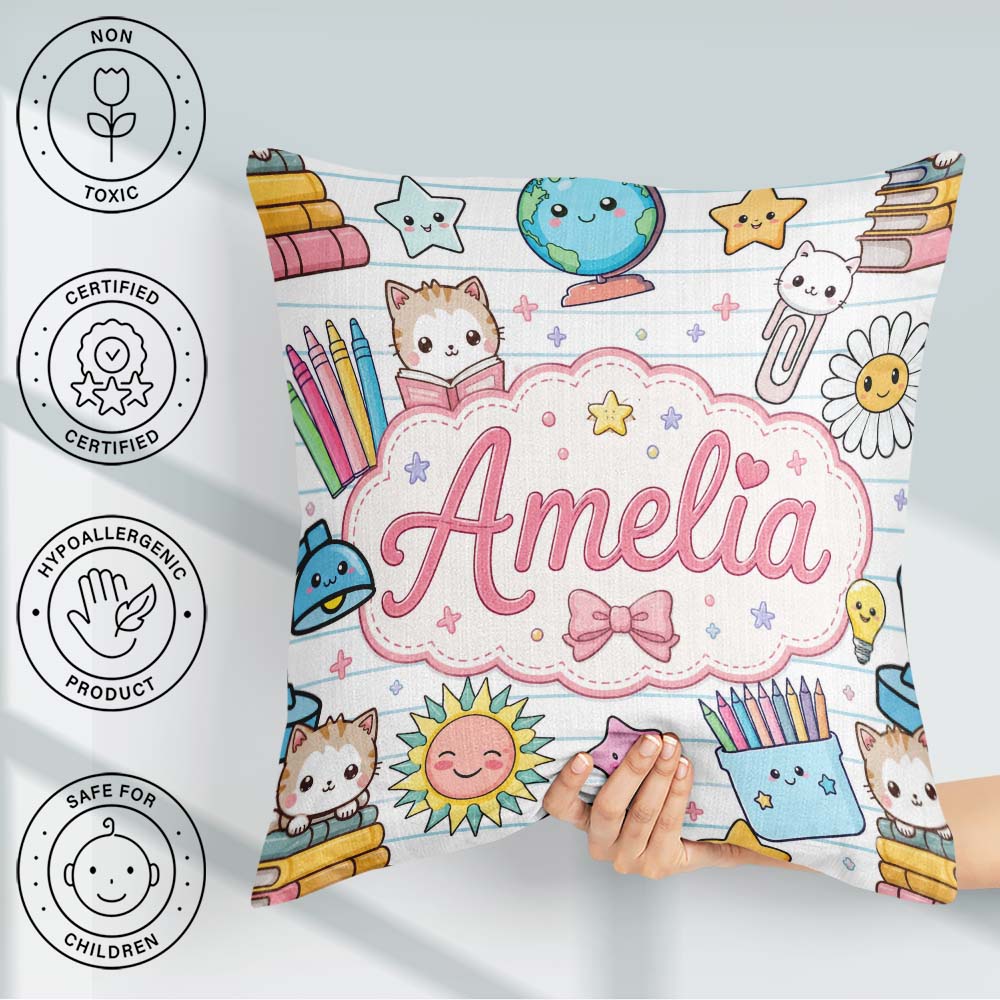Custom Name Kawaii School Cat Books Seamless Pattern Blue Lines Square Filled Cushion Throw Pillow Sofa Bed Home Decor Zip Washable UK Made