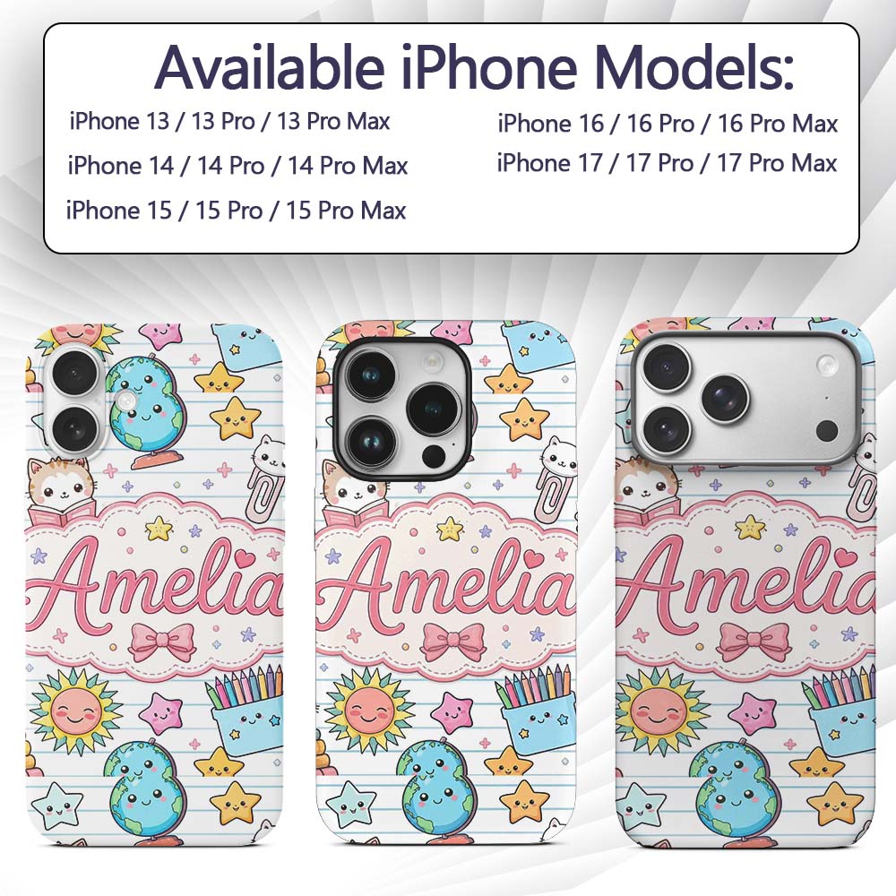 Cute Kawaii School Cat Books Stationery Seamless Custom Name Protective Phone Case Mobile Cover Durable Everyday Smartphone Shock Resistant
