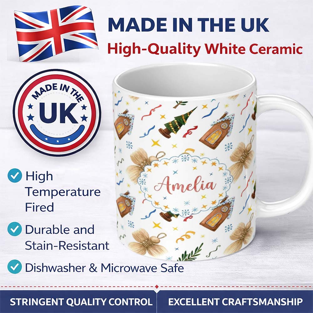 Personalized Custom Name Rustic Christmas Angel House Tree Stars Seamless Pattern Lovely 11oz Ceramic Coffee Tea Mug White Large Handle
