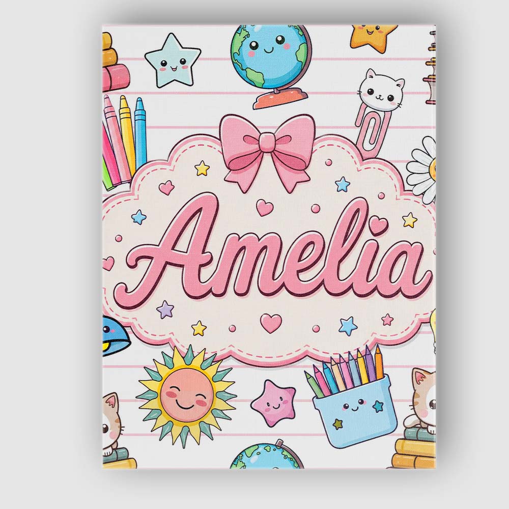 Personalised Name Cute Kawaii School Cat Custom Unique Gift Idea Elegant Feature Canvas Wall Art Print Decor Picture Ready to Hang