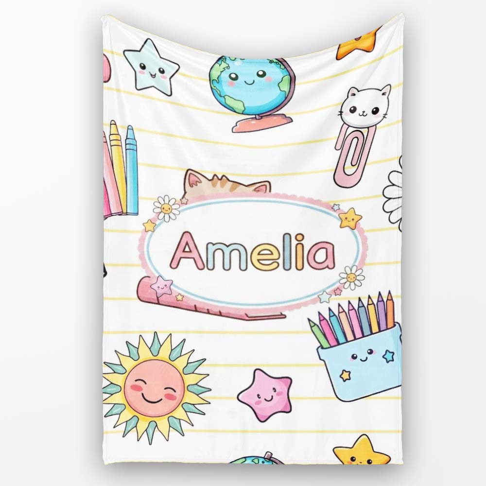 Cute Kawaii School Cat Books Stationery Pattern Yellow Lines Lovely Personalised Custom Name Super Soft Fleece Blanket Bed Sofa Throw