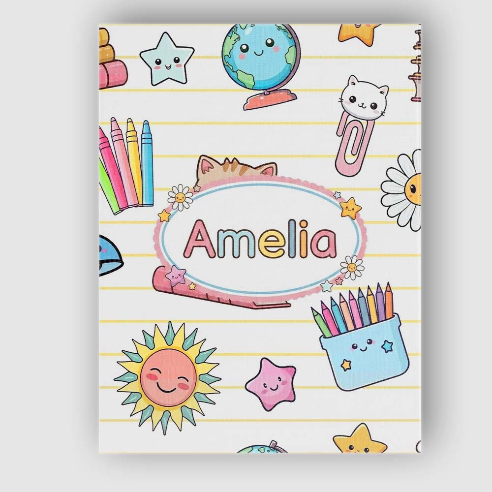 Personalised Name Cute Kawaii School Cat Custom Unique Gift Idea Elegant Feature Canvas Wall Art Print Decor Picture Ready to Hang