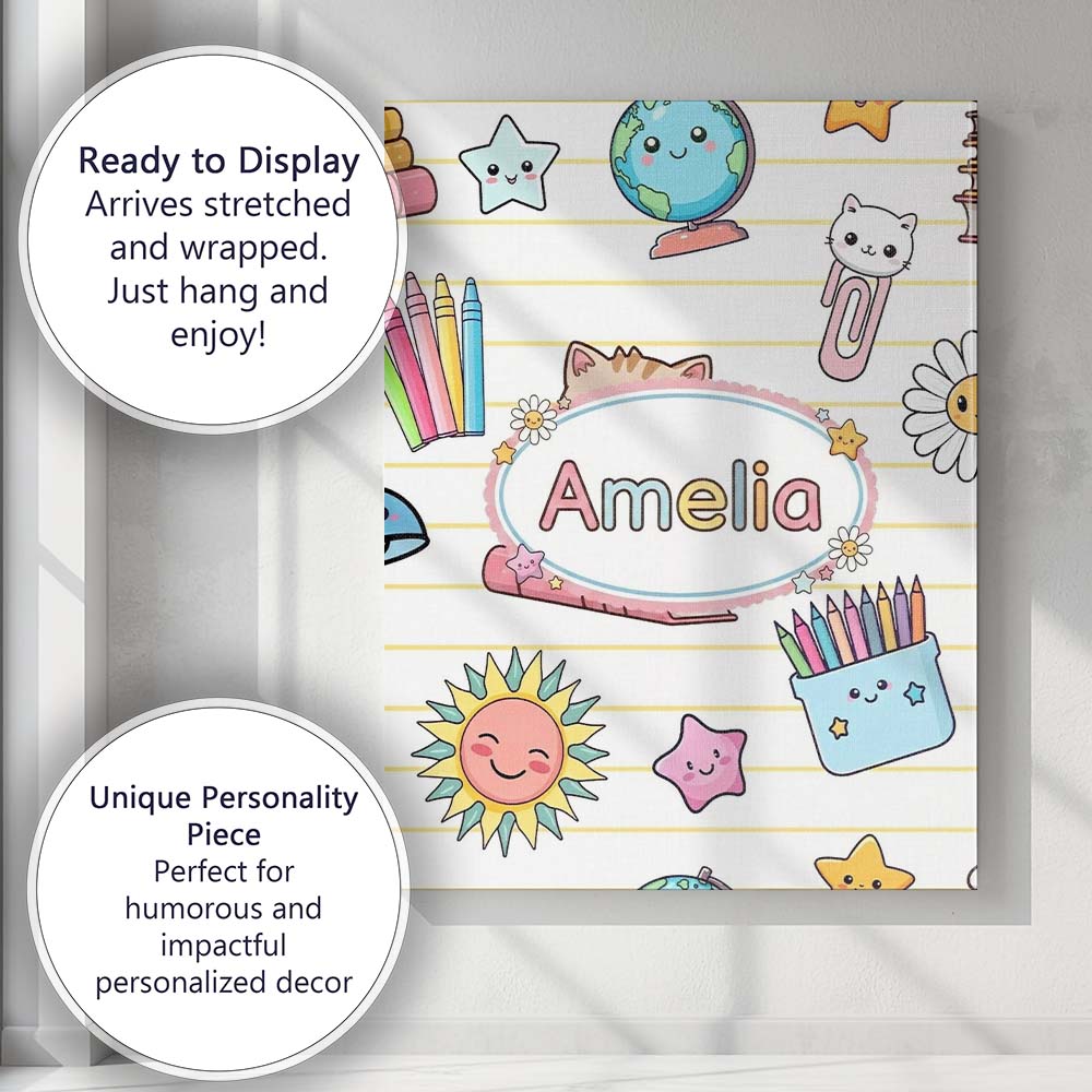 Personalised Name Cute Kawaii School Cat Custom Unique Gift Idea Elegant Feature Canvas Wall Art Print Decor Picture Ready to Hang