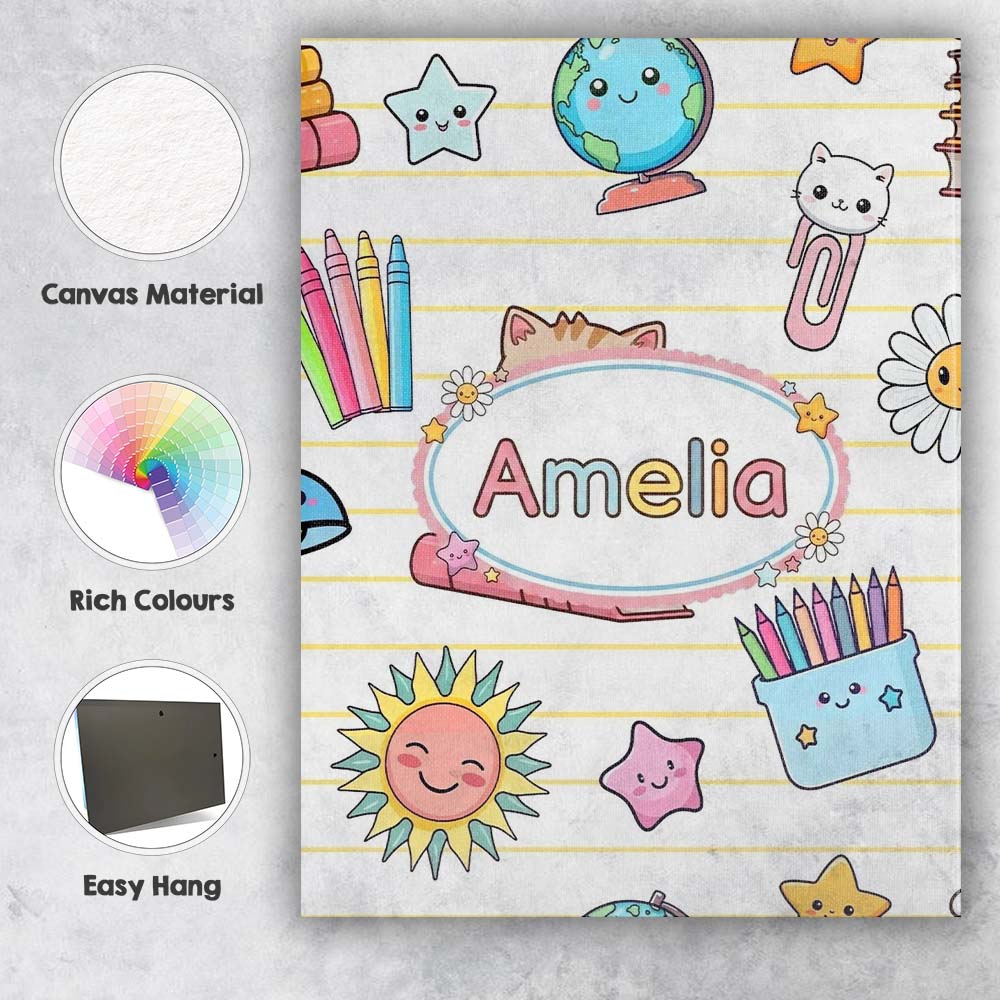 Personalised Name Cute Kawaii School Cat Custom Unique Gift Idea Elegant Feature Canvas Wall Art Print Decor Picture Ready to Hang