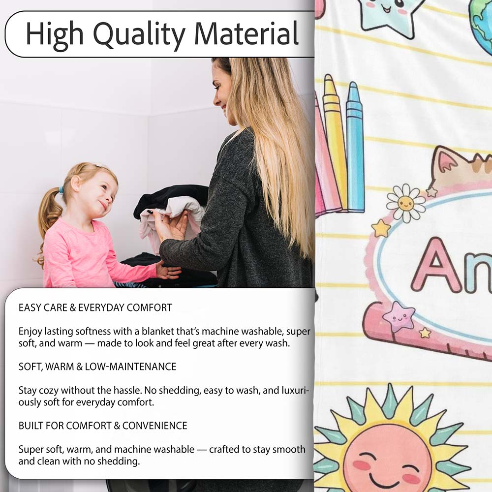 Cute Kawaii School Cat Books Stationery Pattern Yellow Lines Lovely Personalised Custom Name Super Soft Fleece Blanket Bed Sofa Throw