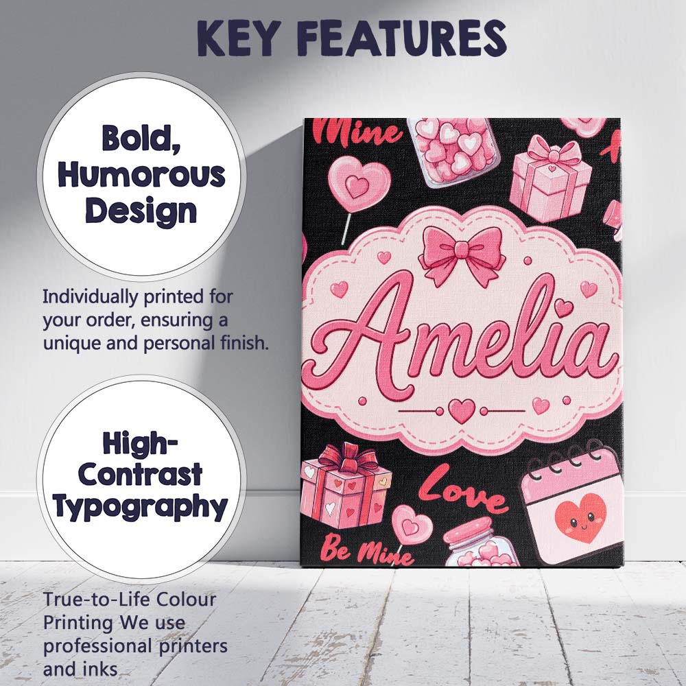 Personalised Name Cute Kawaii Valentine Custom Modern Room Accent Elegant Feature Canvas Wall Art Print Decor Picture Ready to Hang