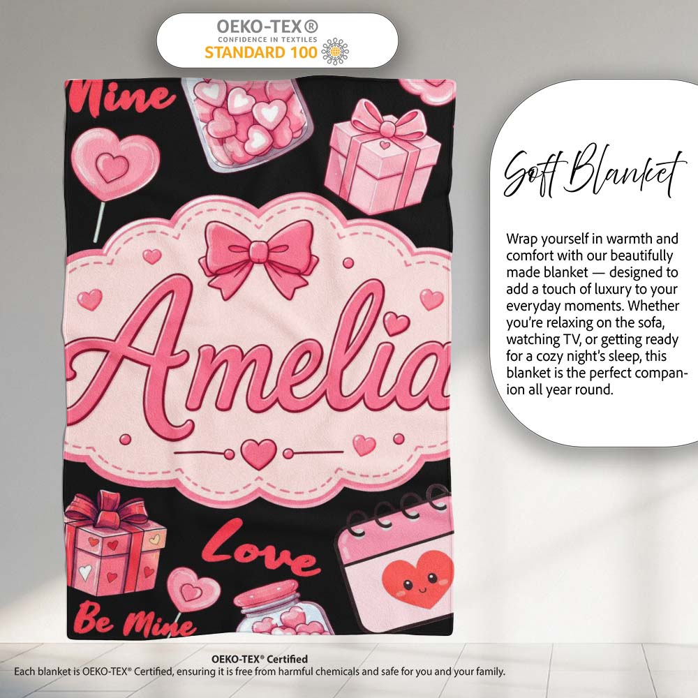 Cute Kawaii Valentine Love Hearts Gifts Seamless Pattern White Personalised Custom Name Super Soft Fleece Blanket Bed Sofa Throw