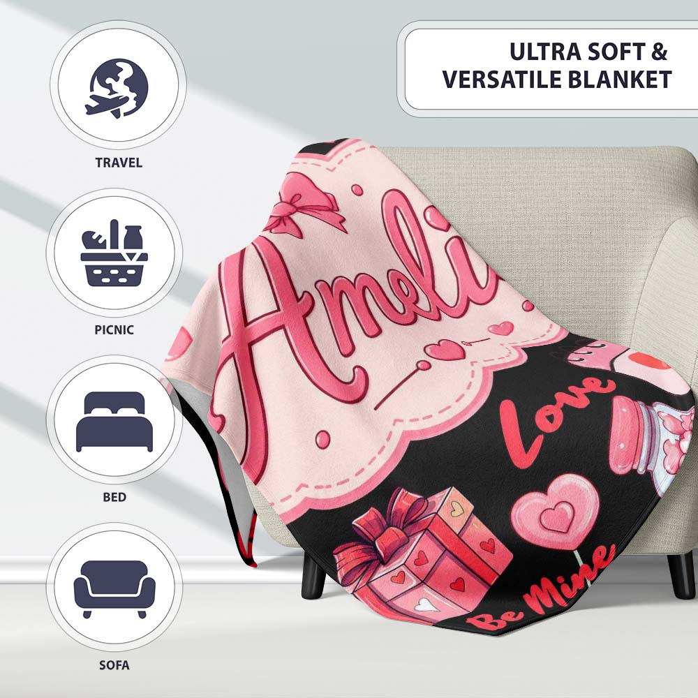Cute Kawaii Valentine Love Hearts Gifts Seamless Pattern White Personalised Custom Name Super Soft Fleece Blanket Bed Sofa Throw