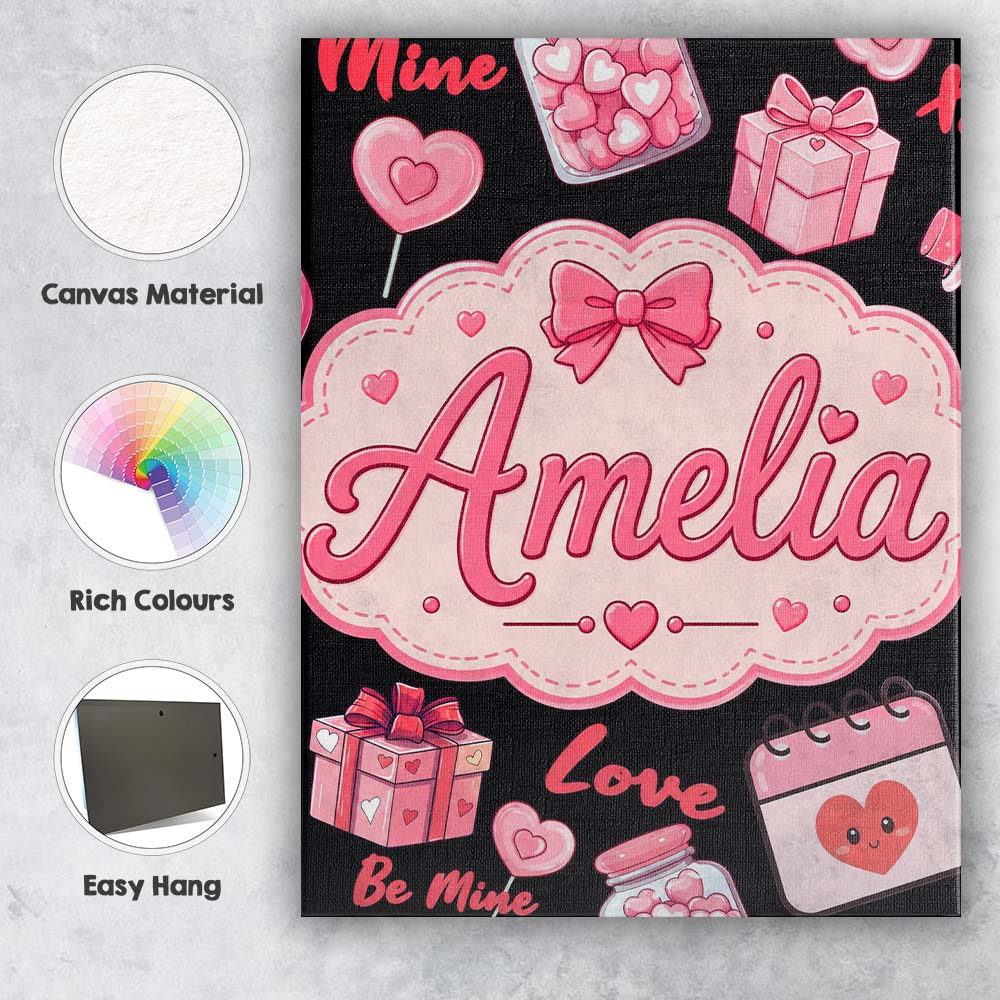 Personalised Name Cute Kawaii Valentine Custom Modern Room Accent Elegant Feature Canvas Wall Art Print Decor Picture Ready to Hang