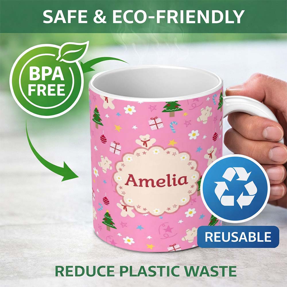 Personalized Custom Name Cute Christmas Gingerbread Tree Candy Star Seamless Pattern Lovely 11oz Ceramic Coffee Tea Mug White Large Handle