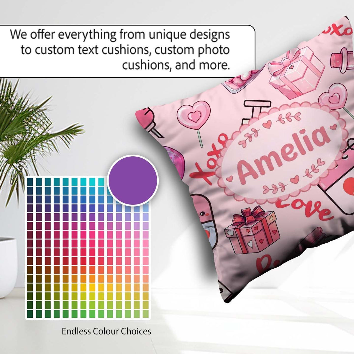 Custom Name Cute Kawaii Valentine Hearts Syringe Calendar Beige Square Filled Cushion Throw Pillow Sofa Bed Home Decor Zip Washable UK Made