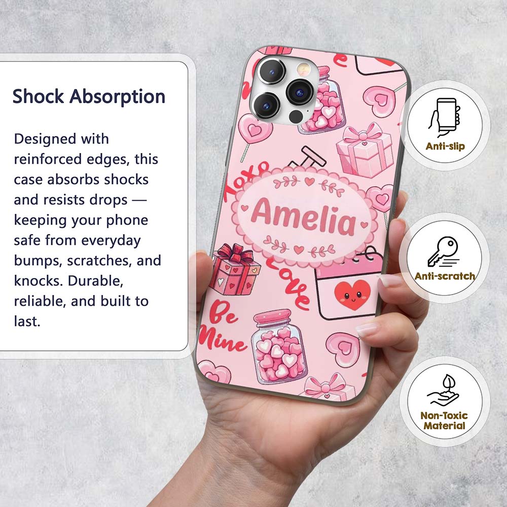 Cute Kawaii Valentine Love Hearts Syringe Gift Custom Name Protective Phone Case Mobile Cover Durable Everyday Smartphone Shock Resistant