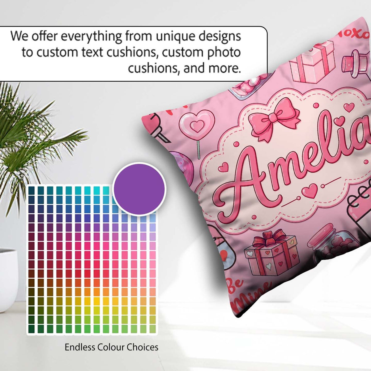 Custom Name Kawaii Valentine Hearts Syringe Calendar Blush Pink Square Filled Cushion Throw Pillow Sofa Bed Home Decor Zip Washable UK Made