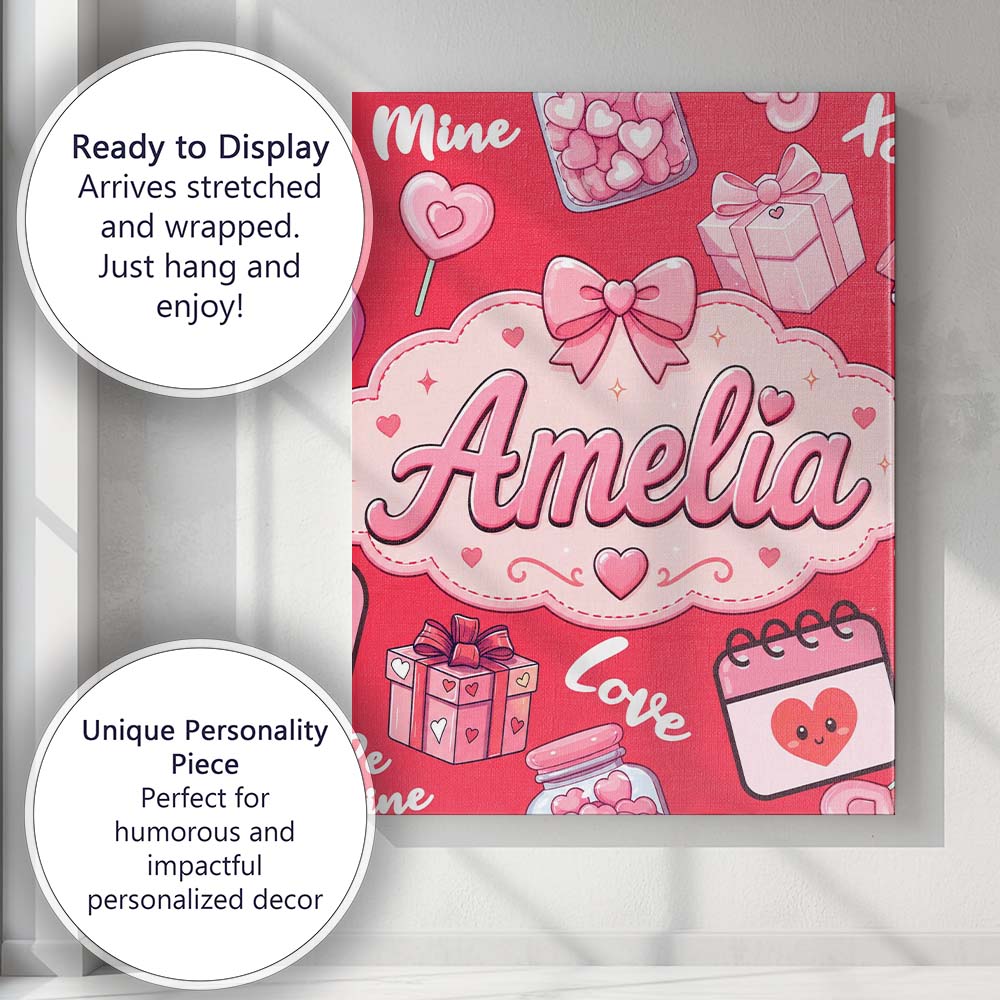 Personalised Name Cute Kawaii Valentine Custom Modern Room Accent Elegant Feature Canvas Wall Art Print Decor Picture Ready to Hang