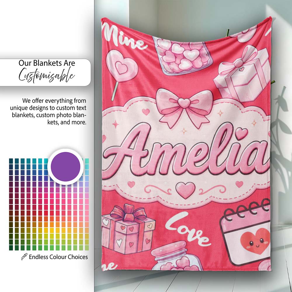 Cute Kawaii Valentine Love Hearts Syringe Gift Calendar Pattern Red Personalised Custom Name Super Soft Fleece Blanket Bed Sofa Throw
