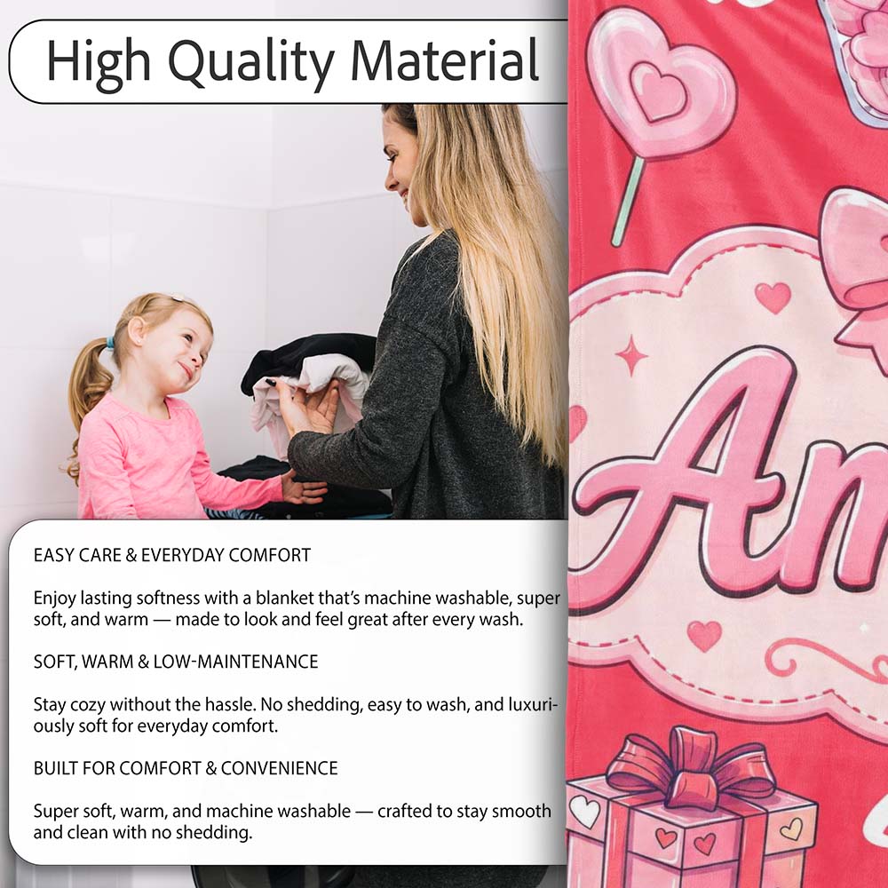 Cute Kawaii Valentine Love Hearts Syringe Gift Calendar Pattern Red Personalised Custom Name Super Soft Fleece Blanket Bed Sofa Throw