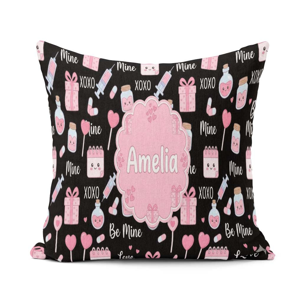 Custom Name Kawaii Valentine Hearts Syringe Calendar Light Grey Square Filled Cushion Throw Pillow Sofa Bed Home Decor Zip Washable UK Made