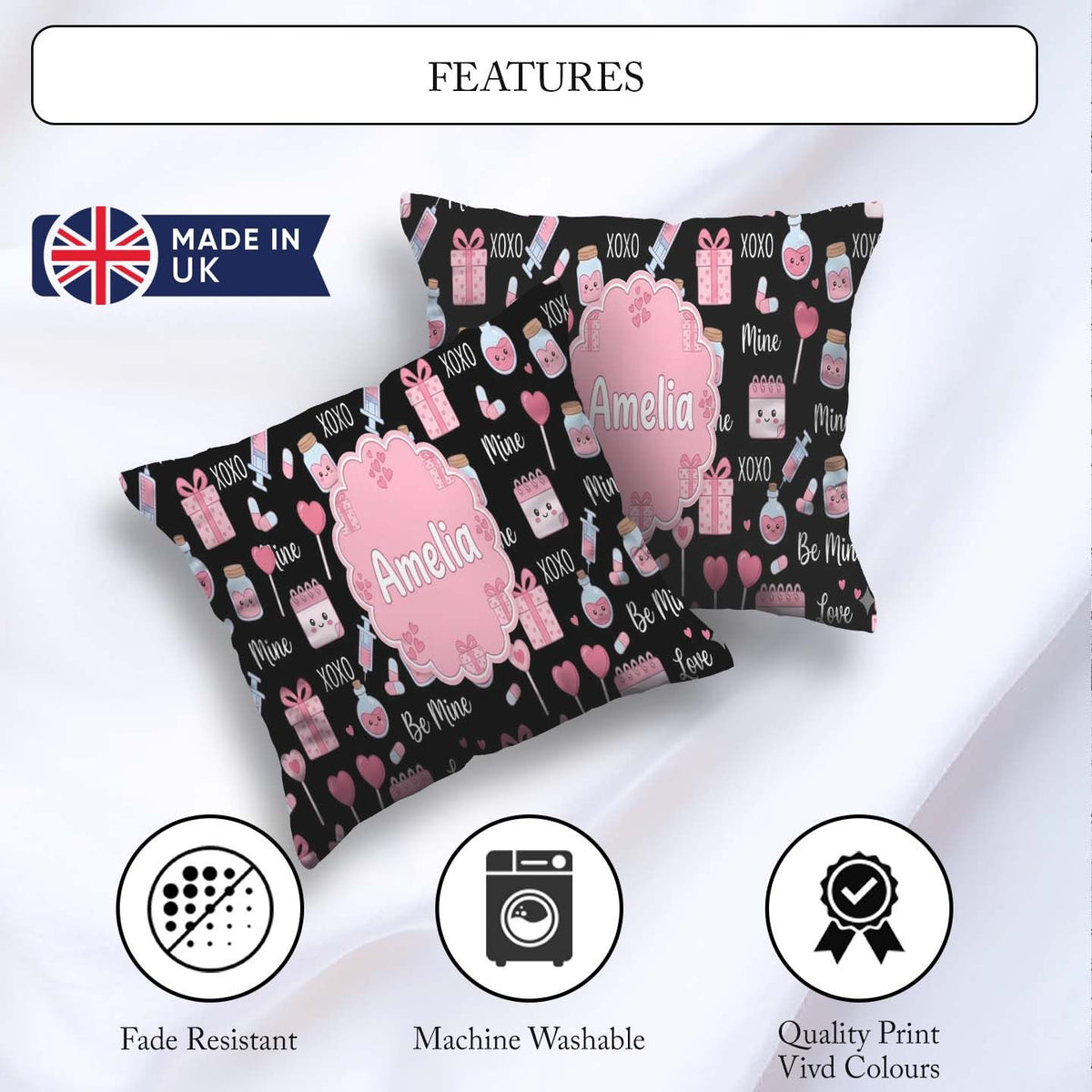 Custom Name Kawaii Valentine Hearts Syringe Calendar Light Grey Square Filled Cushion Throw Pillow Sofa Bed Home Decor Zip Washable UK Made