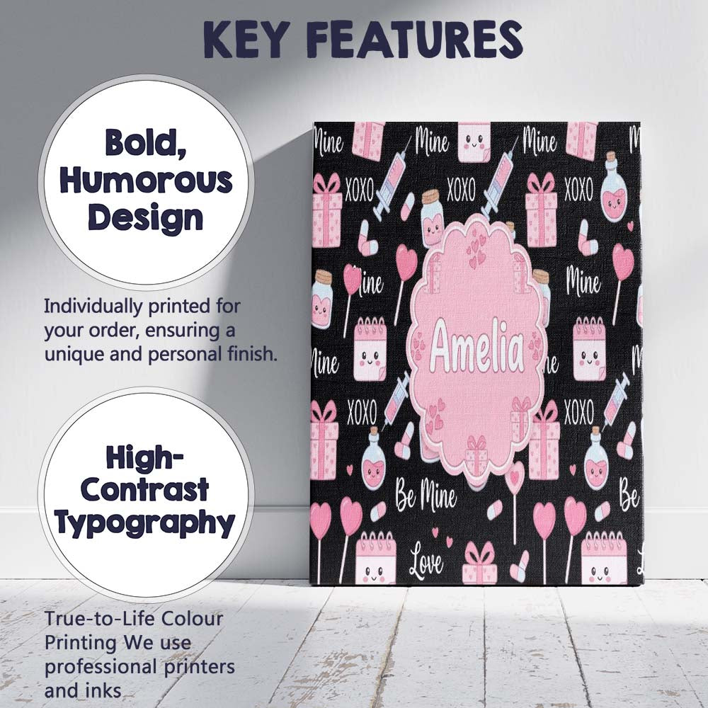 Personalised Name Cute Kawaii Valentine Custom Modern Room Accent Elegant Feature Canvas Wall Art Print Decor Picture Ready to Hang